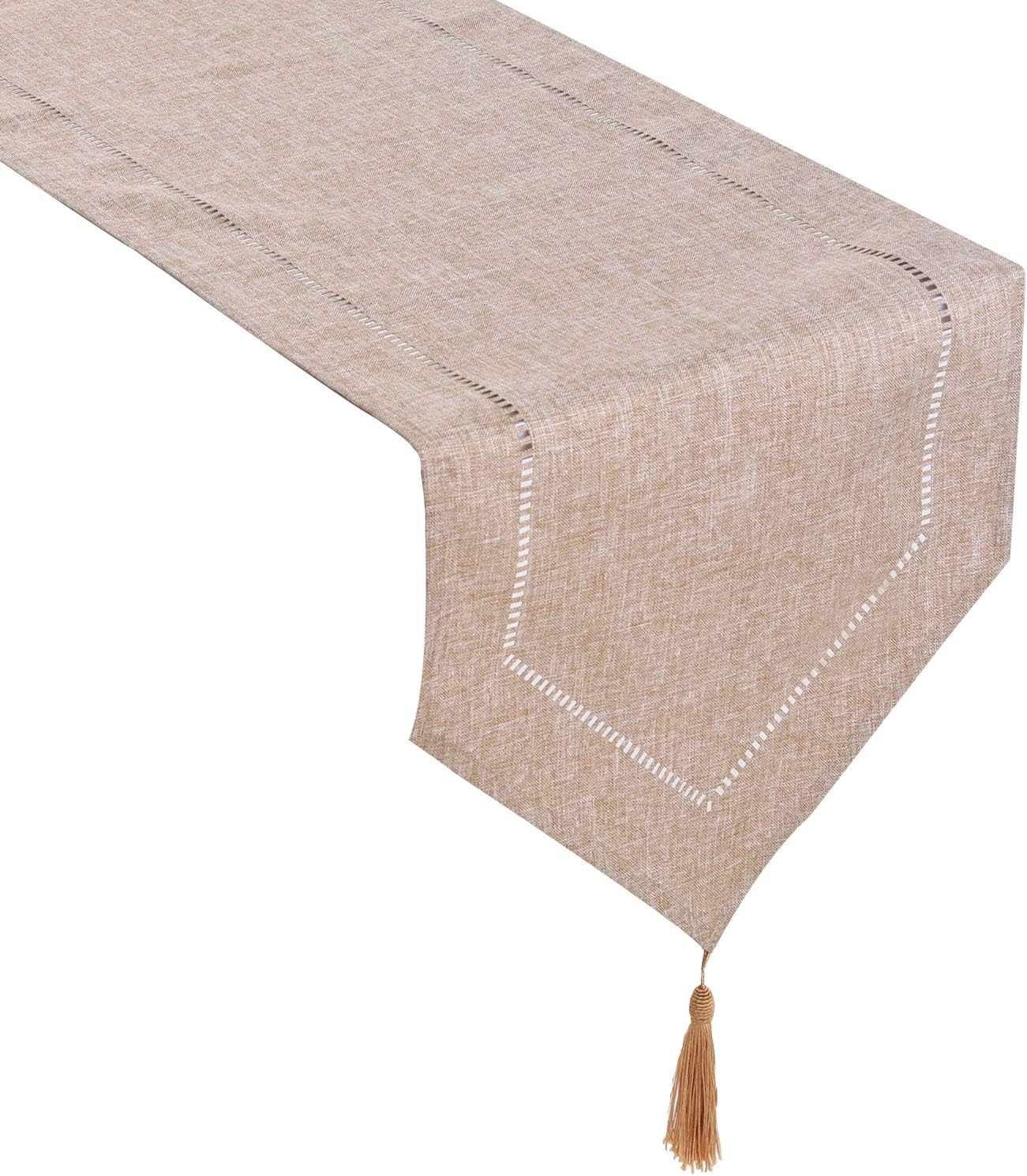 Tosewever Decorative Linen Table Runner with Tassels Tabletop Collection 14 x 72 Inches Table Runners for Everyday Dining Wedding Party Holiday Home Decor (14" x 72", Light Coffee)