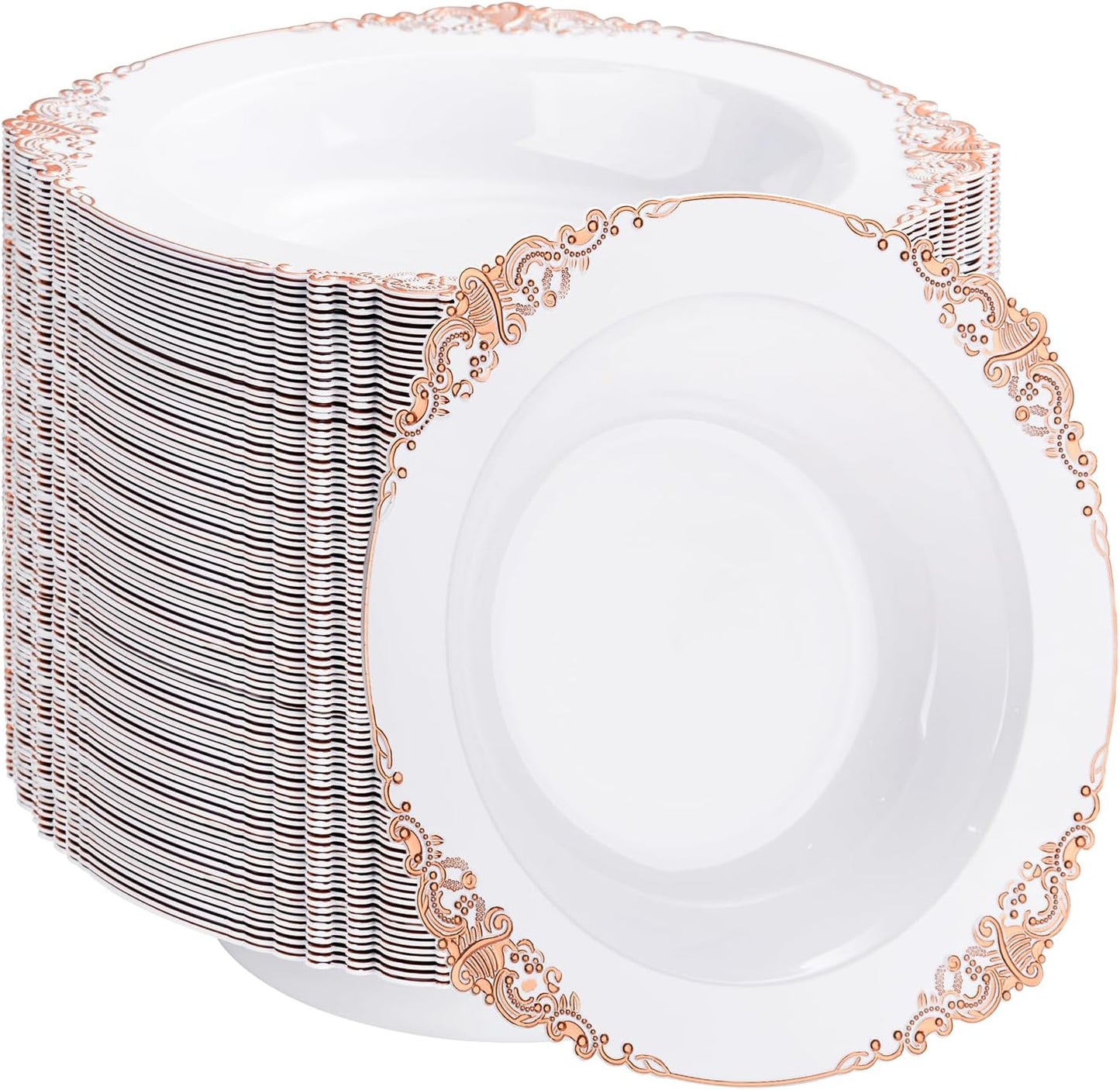 100PCS Rose Gold Plastic Bowls - 12 oz Disposable Salad Bowls - Heavy Duty Disposable Soup Bowl - Fancy Plastic Ice Cream Bowl for Weddings Parties Catering Picnics