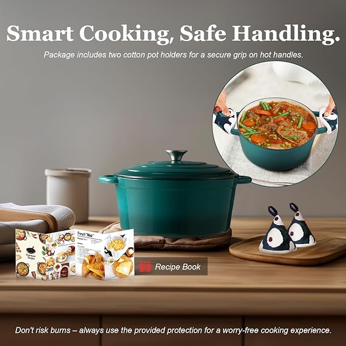 Overmont Enameled Cast Iron Dutch Oven - 7QT Pot with Lid Cookbook & Cotton Potholders - Heavy-Duty Cookware for Braising, Stews, Roasting, Bread Baking bottle green