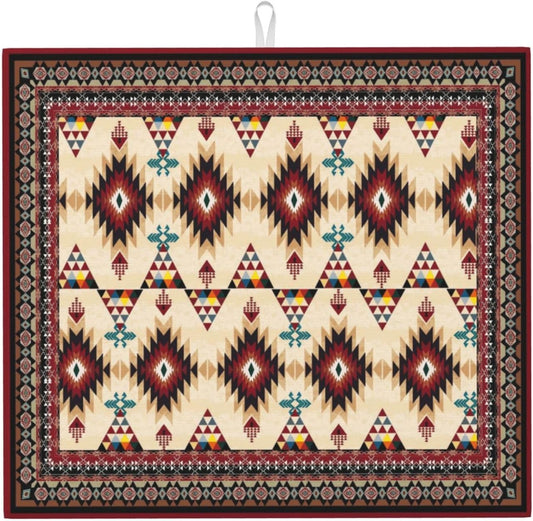 Southwestern Tribal Aztec Dish Drying Mat for Kitchen Counter, Cute Decorative Dish Drainer Rack Mats 16x18 Inch Absorbent Reversible Drying Pad