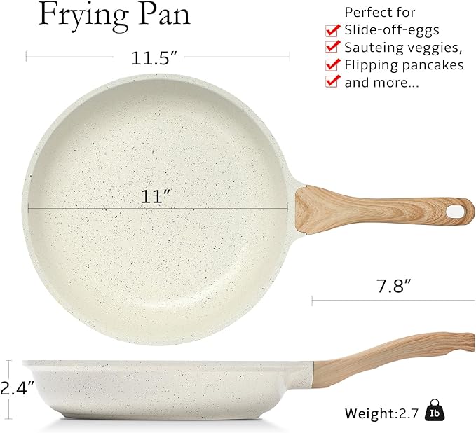 ESLITE LIFE Nonstick Ceramic Frying Pan Skillet, Non-Toxic Egg Omelette Kitchen Cooking Pans Compatible with All Stovetops (Gas, Electric & Induction), PTFE & PFOA Free (White, 11'')
