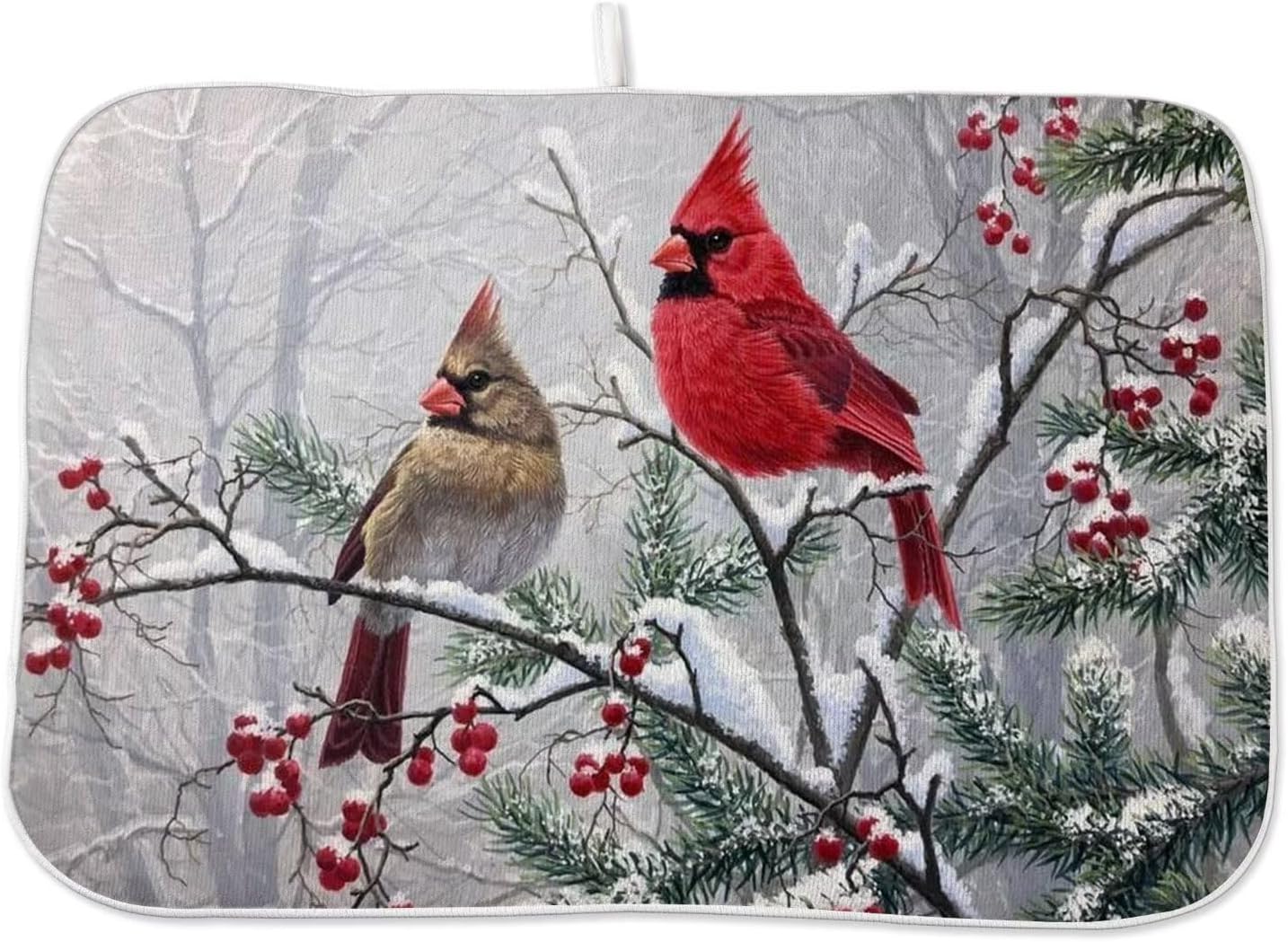 Winter Cardinal Bird Dish Drying Mat 18 x 24 inch Winter Snow Red Birds Pine Trees Decorative Drying Mats Microfiber Absorbent Holiday Dish Washable Draining Mat for Kitchen Counter Decor
