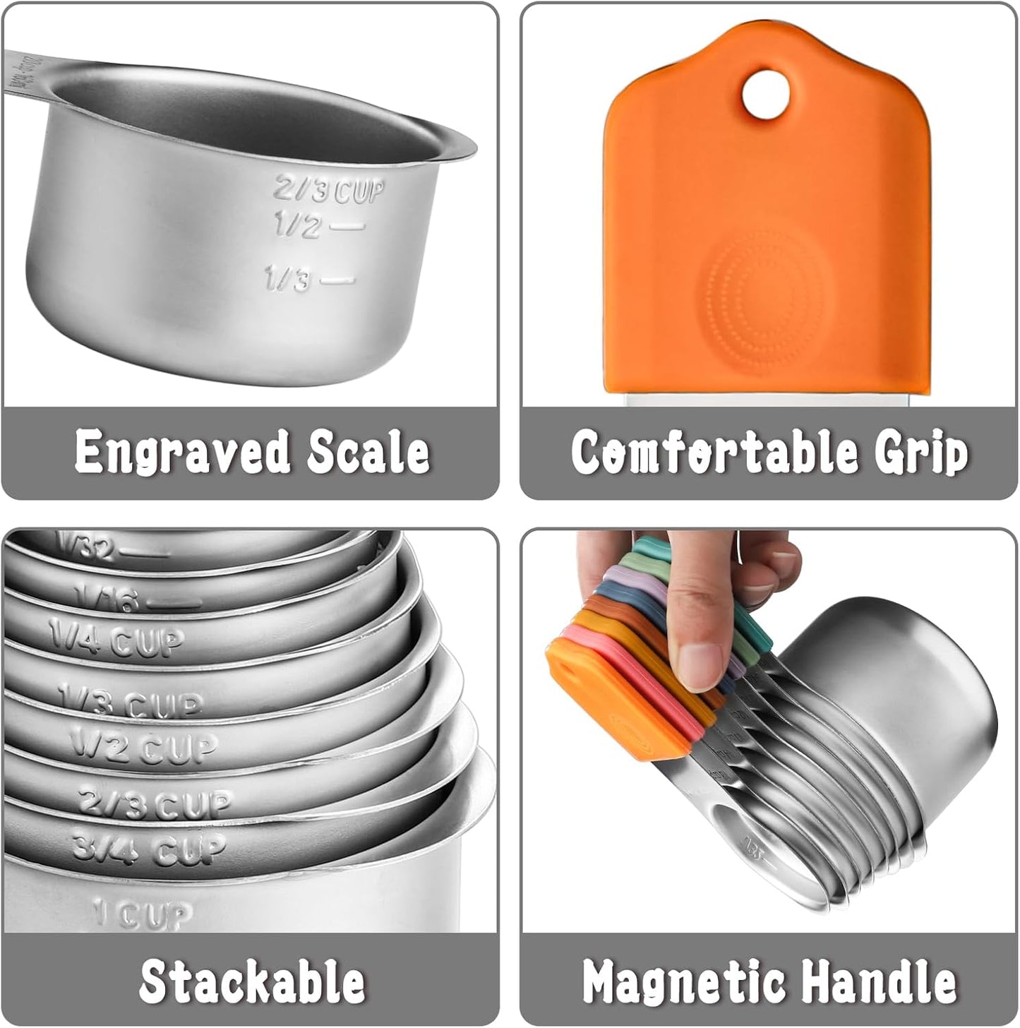 Magnetic Measuring Cups and Spoons Set of 17 Stainless Steel Measuring Cups & Double Sided Magnetic Measuring Spoons with 1 Leveler for Dry and Liquid Ingredients