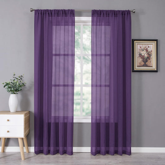 Tollpiz Sheer Curtains Linen Textured Bedroom Curtain Sheers Light Filtering Rod Pocket Voile Curtains for Living Room, 54 x 84 inches Long, Royal Purple, Set of 2 Panels