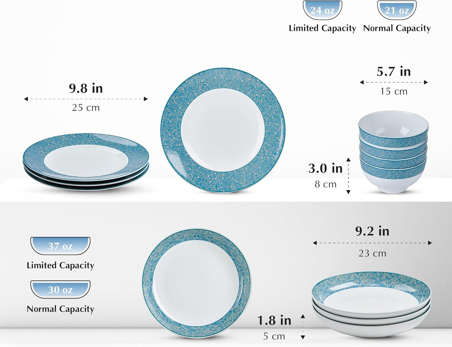 Minh Long 12-PCS Porcelain Dinnerware Set, Plates, Bowls, Service for 4, Chip & Scratch Resistant, Oven Safe up to 482°F, Non toxic, Lead & Cadmium Free, Stackable, Dishwasher & Microwave Safe