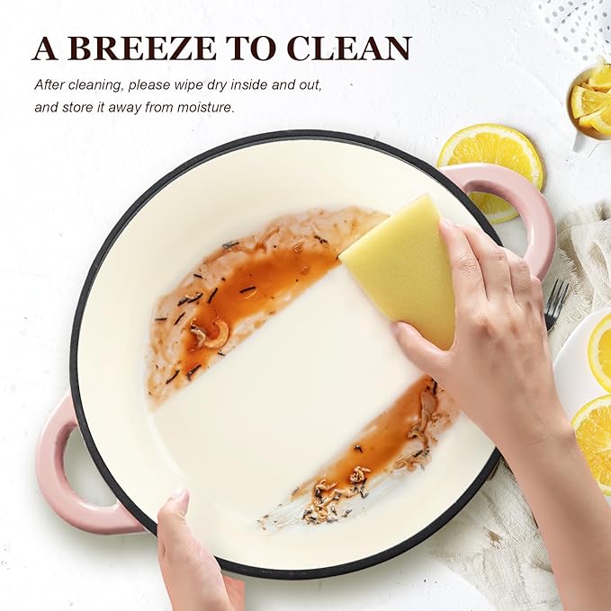 Overmont Enameled Cast Iron Dutch Oven - 4.5QT Pot with Lid Cookbook & Cotton Potholders - Heavy-Duty Cookware for Braising, Stews, Roasting, Bread Baking pink