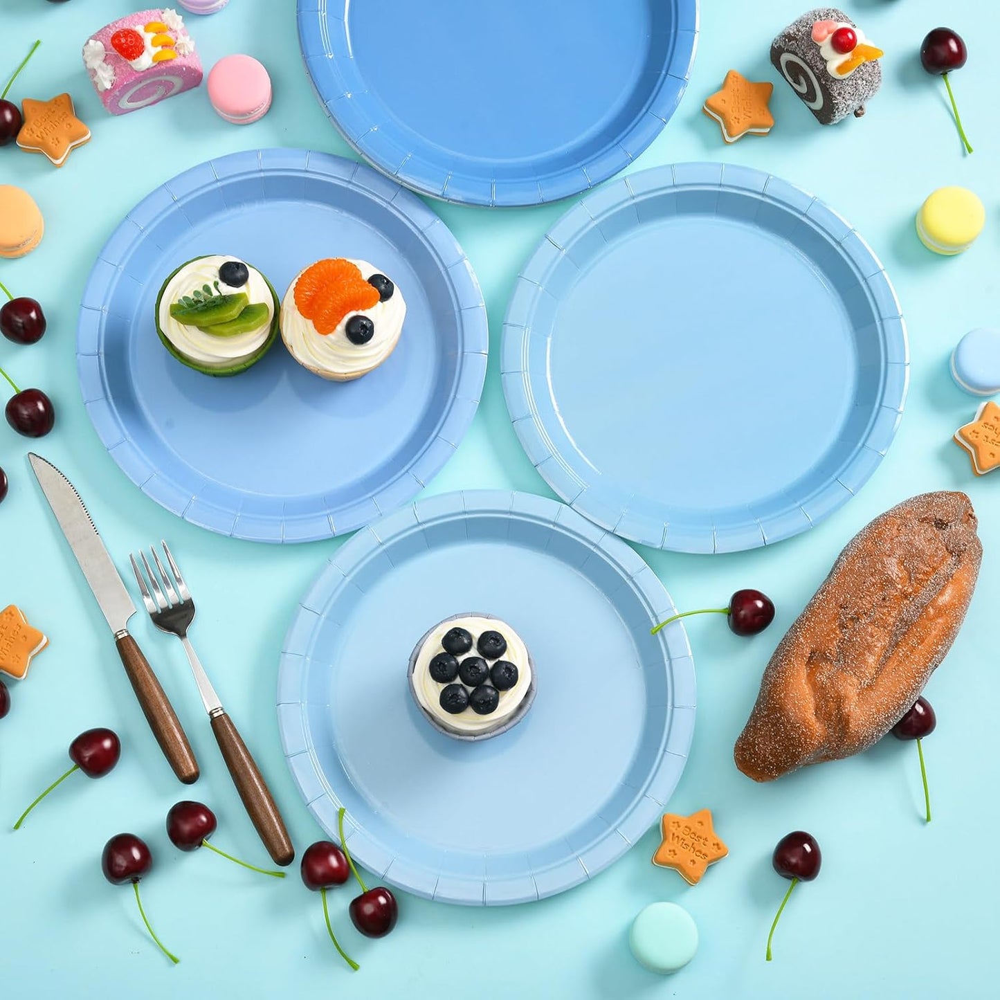 48 Pcs Blue Party Paper Plates, 9 Inch Cute Light Blue Disposable Dessert Baby Bridal Shower Dinner Birthday Cake Paper Plates for Party Bridal Baby Girl Shower Wedding Supplies