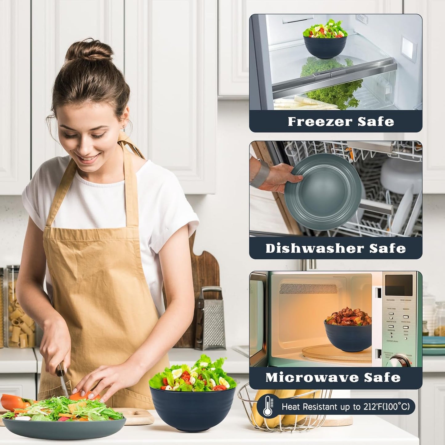 Kitchen Wheat Straw Dinnerware Sets (33pcs) Attached cleaning brush,Service For 8,Plastic Plates and Bowls Sets,Unbreakable Dinnerware,Lightweight Plastic Plate Set (Navy blue grey)