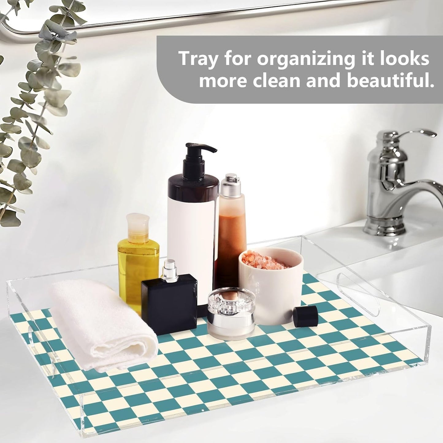 Acrylic Serving Tray with Handles Spill Proof Kitchen Storage Tray Clear Decorative Tray Makeup Drawer Organizer Storage Tray for Bathroom Living Room Ottoman 15.7x11.8Inches