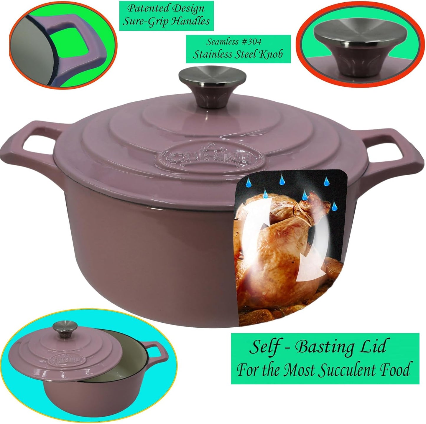 La Cuisine Enameled Cast Iron Dutch Oven Casserole Dish Pot with Lid, 3.7 QT 9.5" /24cm Dia. Cream White Enamel Coating Interior, Pink Enamel Coating Exterior, Oven-Safe up to 500° F