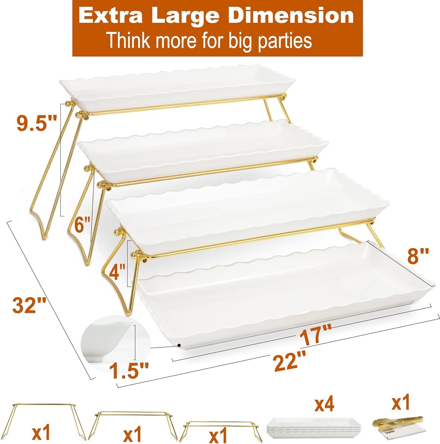 KAQAHIDO Extra Large 4 Tier Serving Tray Set, 34x22x10 inch Wave Edge Melamine Dessert Table Display Set, Tiered Trays Stand for Party Buffet Entertaining, Gold and White