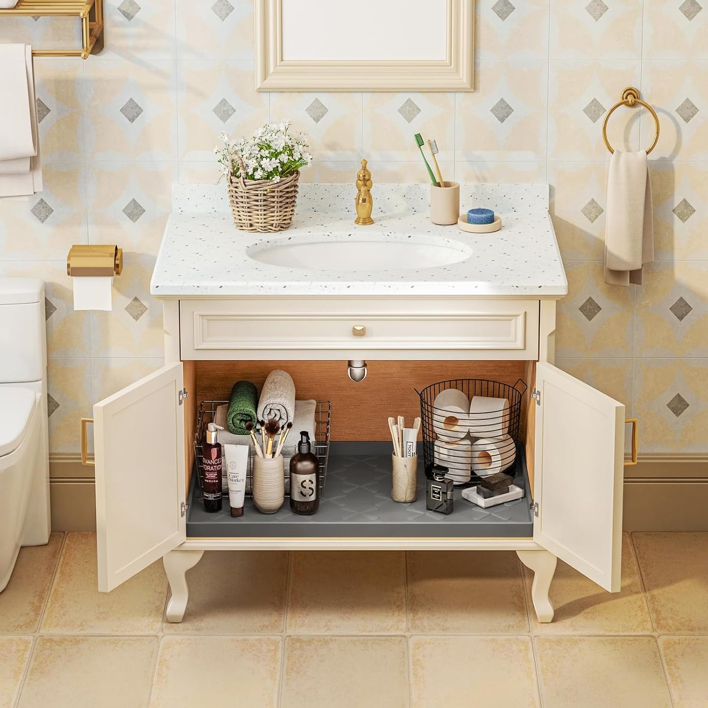 SIKADEER 34" x 19" Under Sink Mat Waterproof , Silicone Mat Kitchen Drawer Shelf and Cabinet Liner, Sink Protector for Bathroom Organizers and Storage, Boot Tray Pet Food Mats