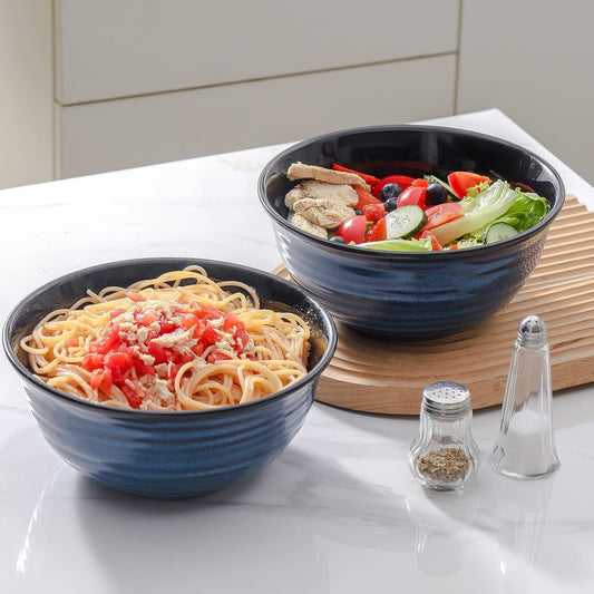 Hasense Serving Bowls, 60 Ounces Ceramic Salad Pasta Soup Bowls, 8.5 inch Large Bowls for Kitchen Ramen Pho Fruit Cereal Popcorn, Microwave and Dishwasher Safe, Set of 2, Blue