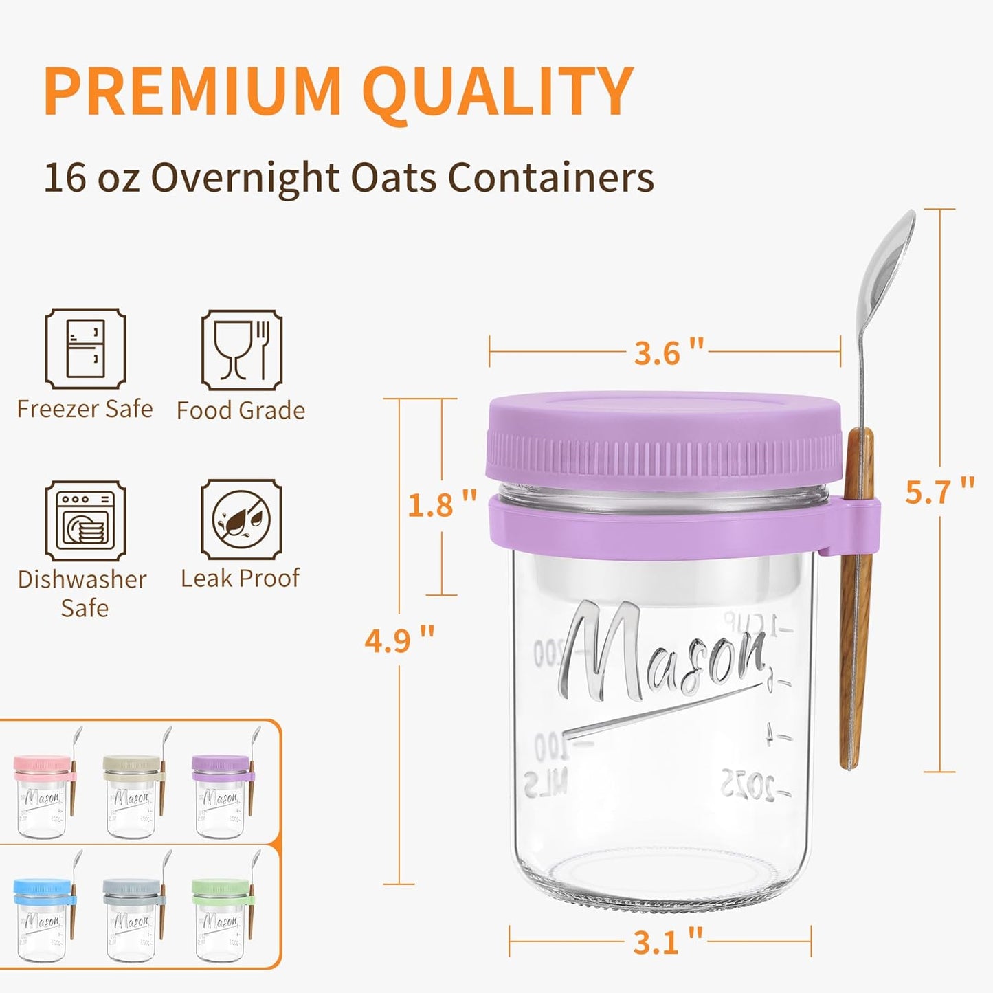 6 Pack Overnight Oats Containers with Lids and Spoons, 16 oz Mason Jars with Removable Separate Compartments, Airtight and Leak-Proof Glass Jars for Chia Pudding, Yogurt, and Oatmeal