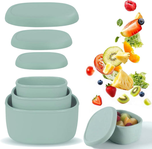 Reusable Nesting Silicone Food Storage Containers, Set of 3 Lunch Box Bento with Lids, Airtight Snack Container, BPA Free, Dishwasher Microwave Oven Freezer Safe (6.7oz, 10oz, 20oz) (Green)