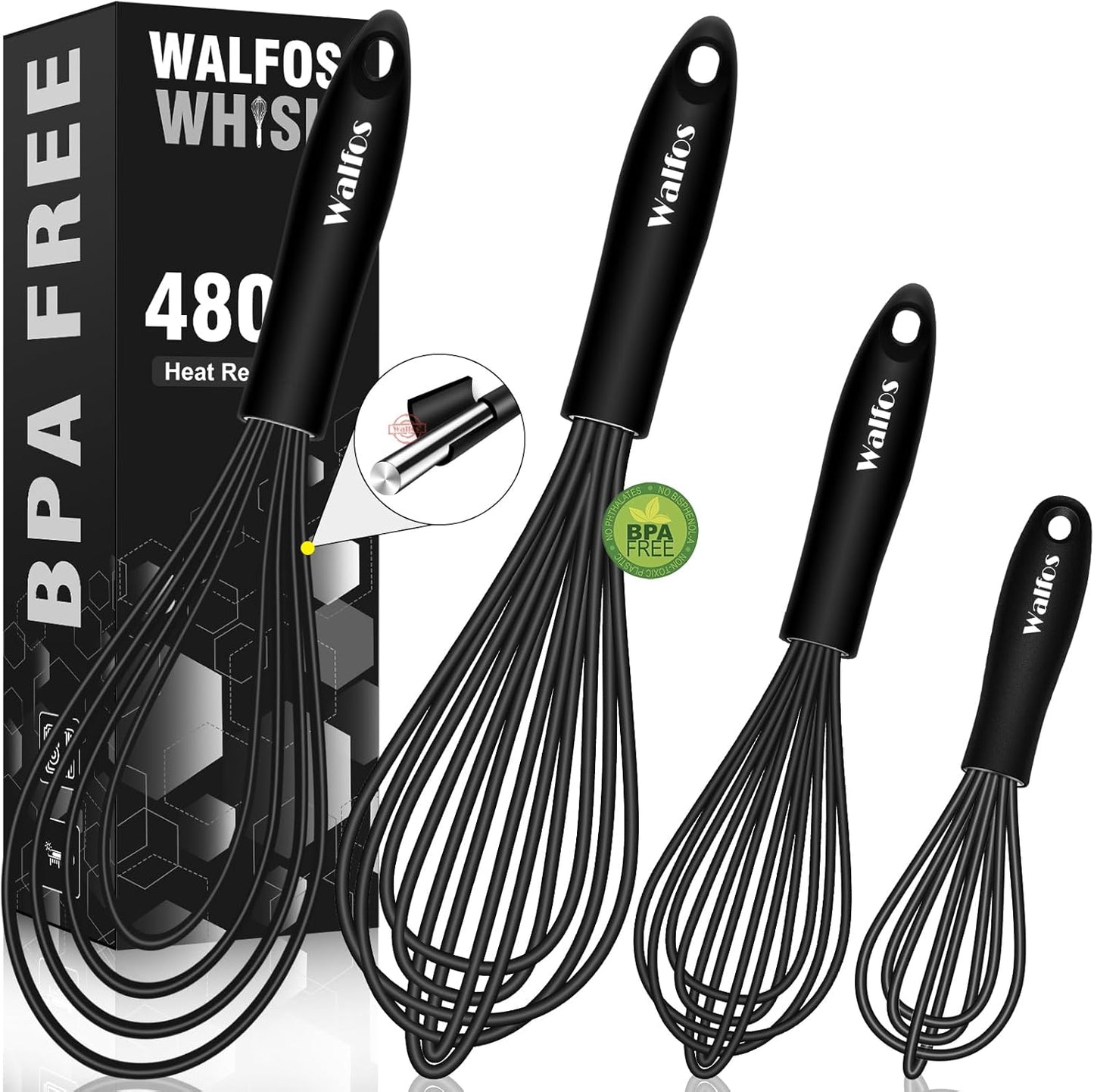 Walfos Whisk Silicone Whisks set, Non Scatch Coated Whisks for Cooking and Baking, Heavy Duty Set of 4 Kitchen Whisk - 11'' Flat Wisk and 7''+10''+12'' Balloon.