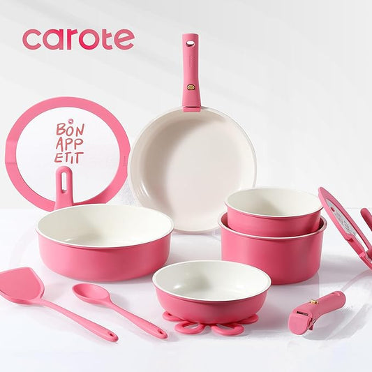 CAROTE 18Pcs Pots and Pans Set Non Stick, Nonstick Ceramic Cookware Set with Detachable Handle, Non Toxic Kitchen Cooking Sets, PFOA Free, Oven Safe, Stackable Induction Ready, Pink