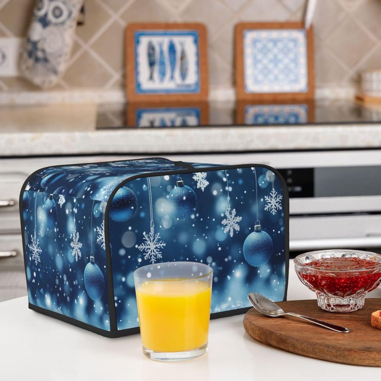 Toaster Cover 4 Slice Christmas Blue Snowflake Ball Kitchen Small Appliance Covers with Pockets Dust and Fingerprint Protection