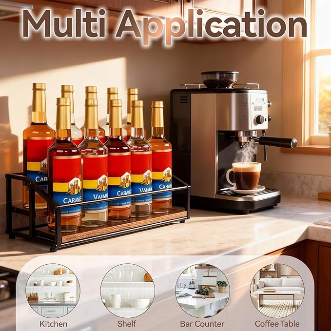 Coffee Syrup Organizer Rack, Liquor Bottle Display Shelf, 2 Tier 10 Syrup Bottles Holder Stand for Coffee Bar Kitchen Small Wine Rack for Family Storage for Syrup Wine Dressing