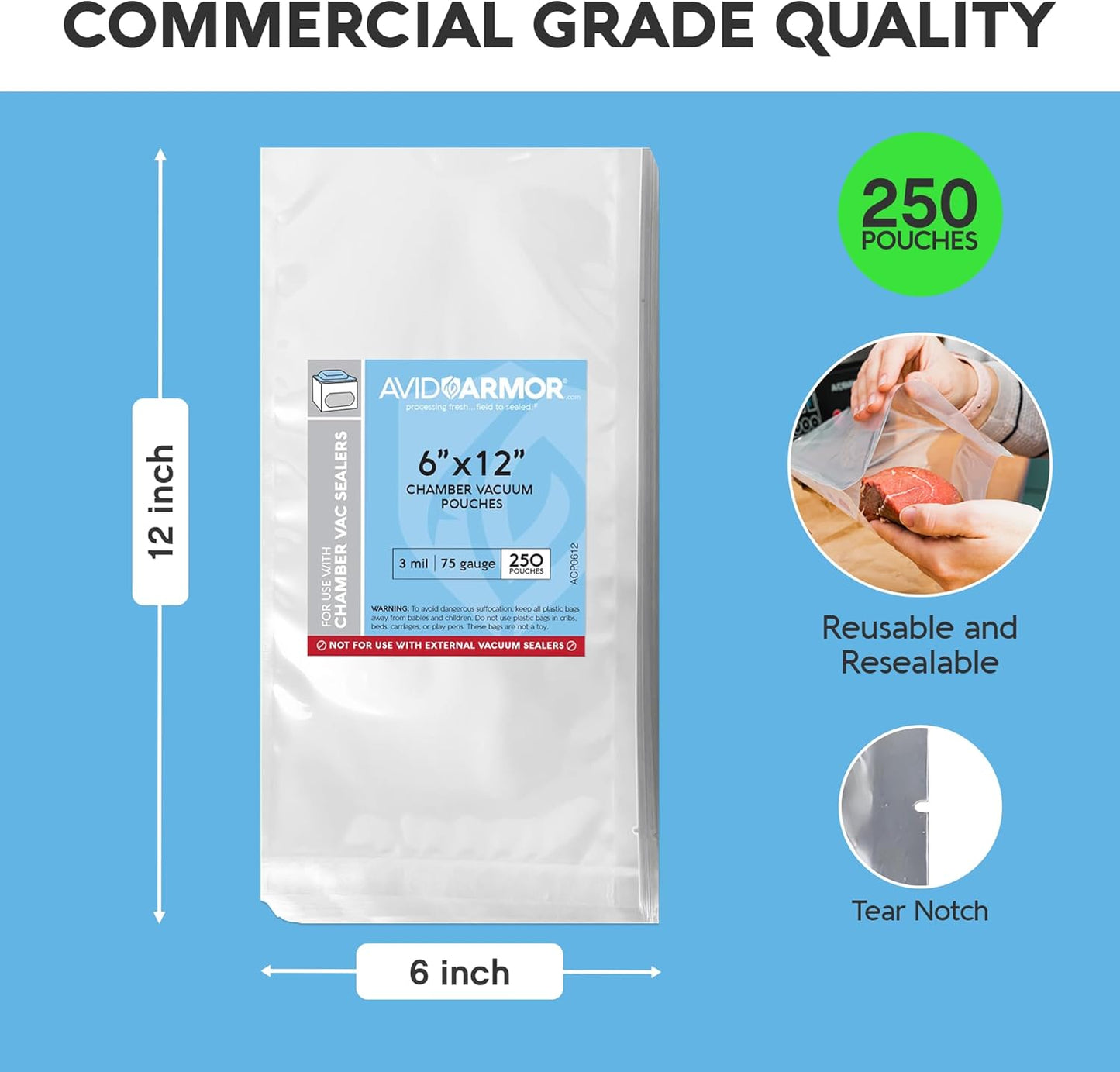 Avid Armor Chamber Vacuum Sealer Bags – Heavy Duty, BPA-Free, Pre-Cut Chamber Vacuum Bags for Food Preservation, Freezer Storage, Sous Vide and more, 250/Pack (Clear - 250, 6x12)