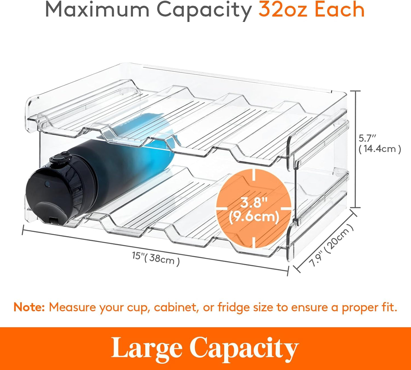 Lifewit Stackable Water Bottle Organizer for Cabinet, Plastic Bottle Holder Fits Bottles & Tumblers up to 3.8" Diameter, Pantry, Countertop & Fridge, 2 Tier Holds 8 Bottles