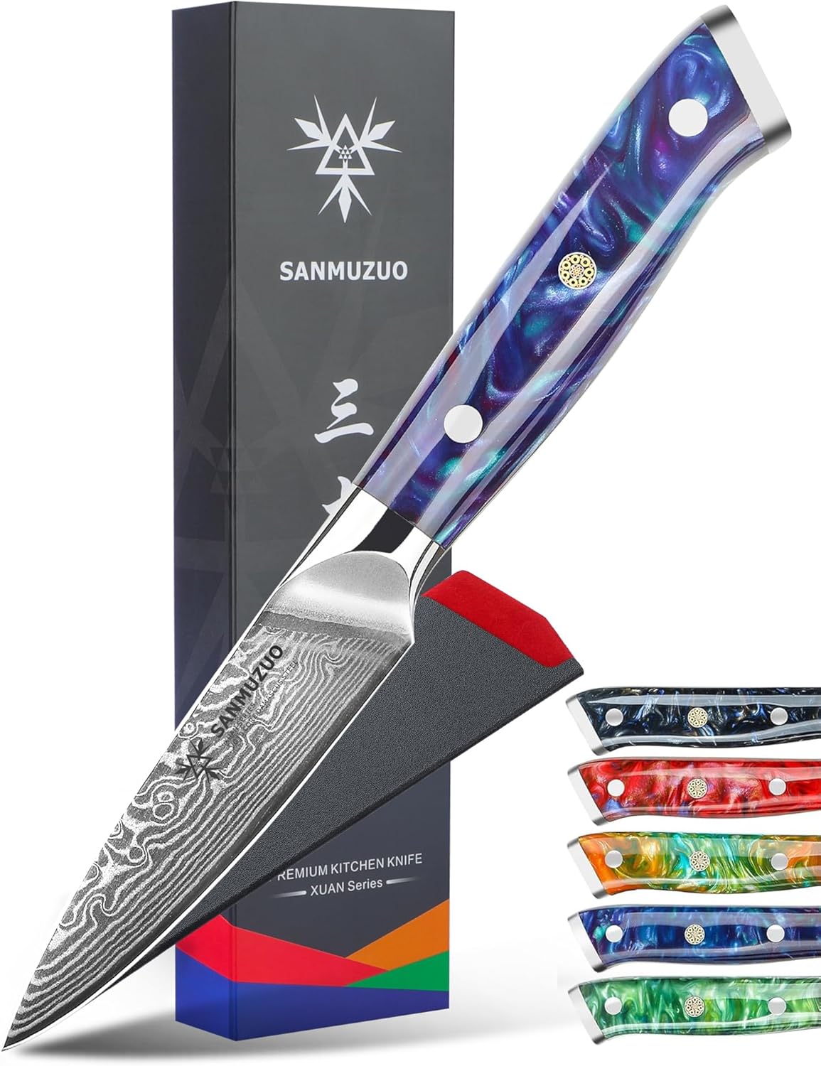 3.5 Inch Paring Knife - Kitchen Fruit Peeling Knife Damascus Steel & Resin Handle - Xuan Series(Sapphire Blue)