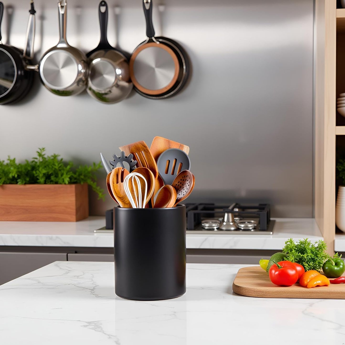 Black Utensils Holder, Caddy Cutlery Holder Silverware, Utensils Organizer Elegant Black Porcelain, Spoon Holder for Party Tableware Holder for Kitchen Table