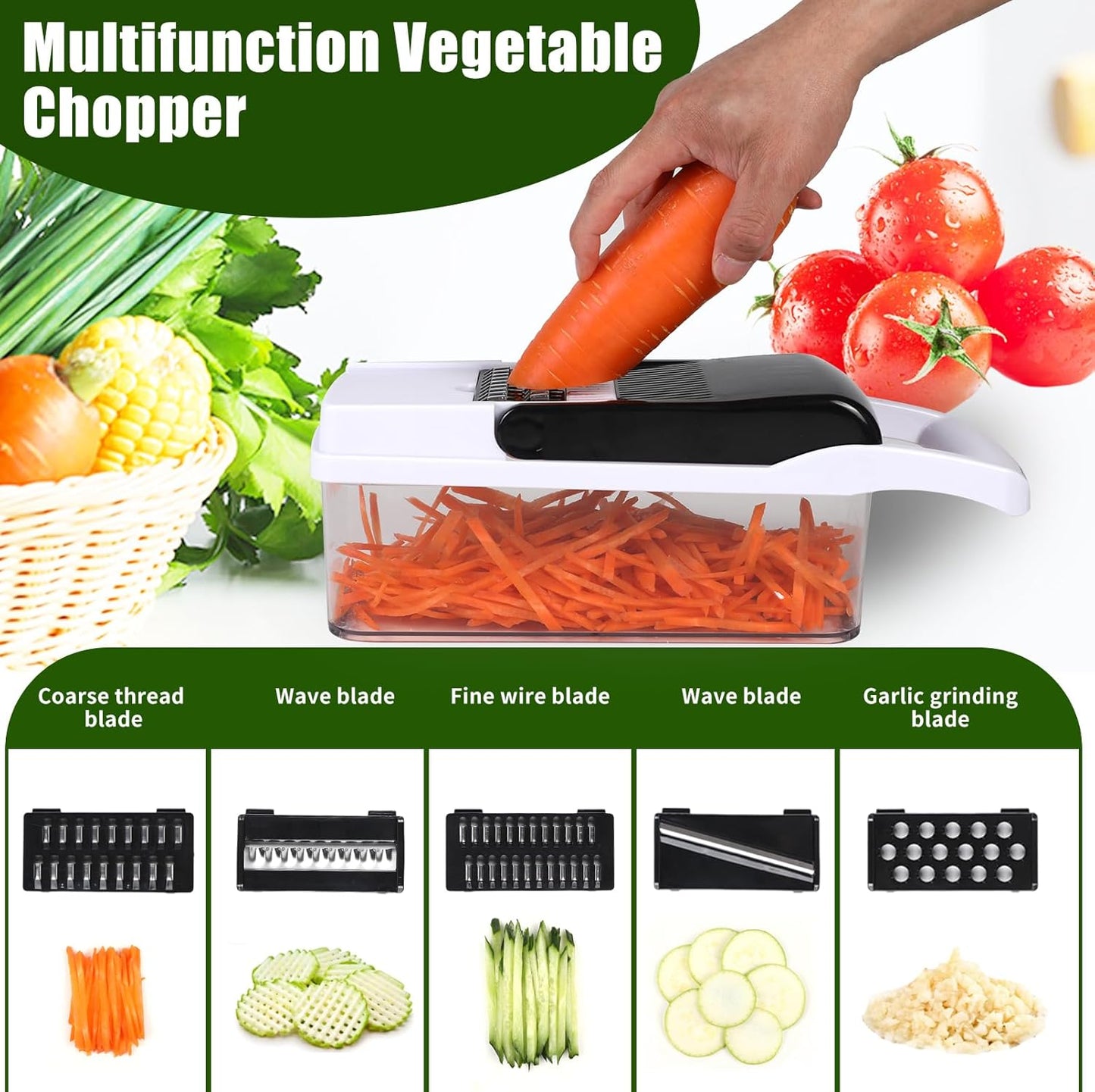 Multifunctional vegetable cutter 26 in 1 vegetable slicer, cucumber slicer, potatoes, tomatoes, zucchini, garlic, eggs, vegetable cutter with container and lid, salad cutter, dicing machine, shredder