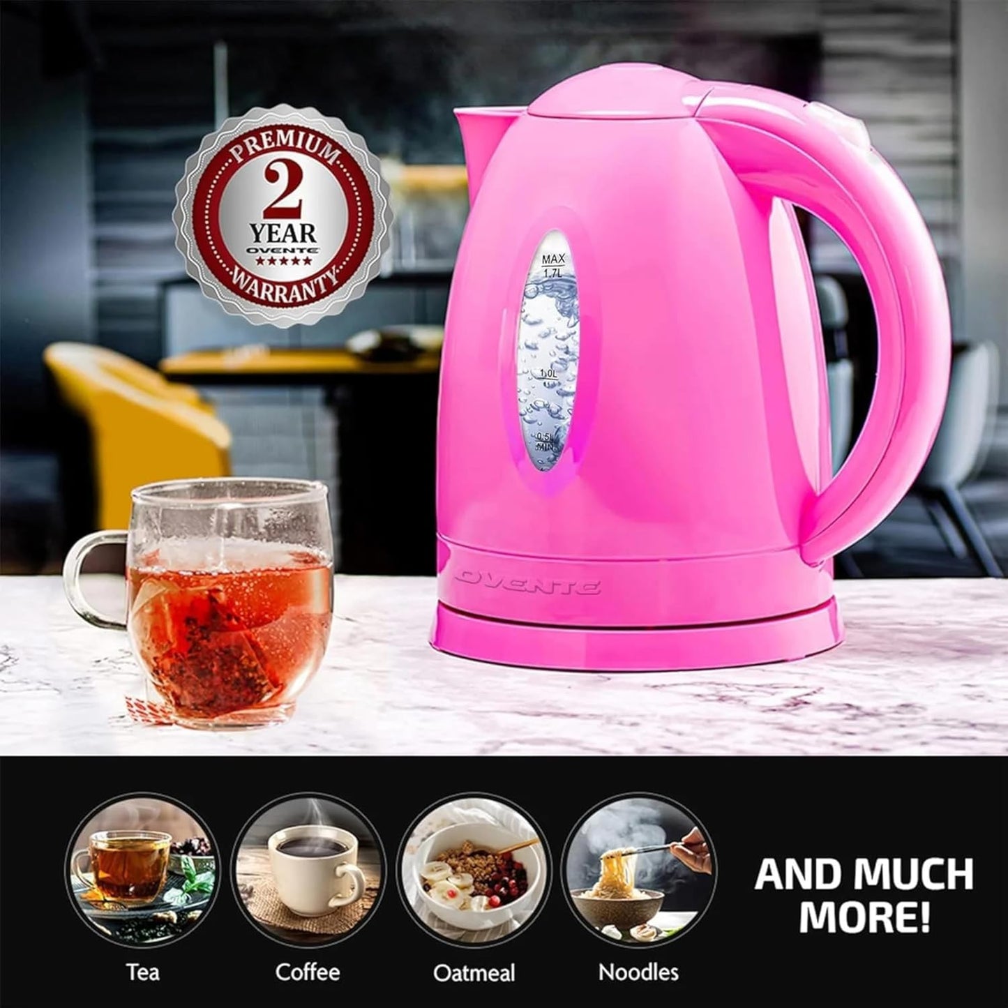 OVENTE Electric Kettle, 1.7L Fast Boiling Water Heater for Coffee or Tea, BPA Free with Water Level Gauge, Auto Shut-Off, Boil-Dry Protection, Indicator Light and Removable Filter, Pink KP72P