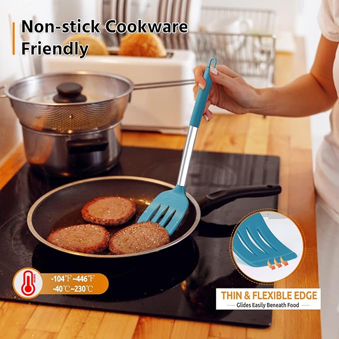 Cooking Utensils Set of 4, E-far Silicone Kitchen Utensils for Non-stick Cookware, Heat Resistant & Non-toxic Slotted Spatula Solid Spoon Turner for Flipping Mixing Serving Basting(Teal Blue)