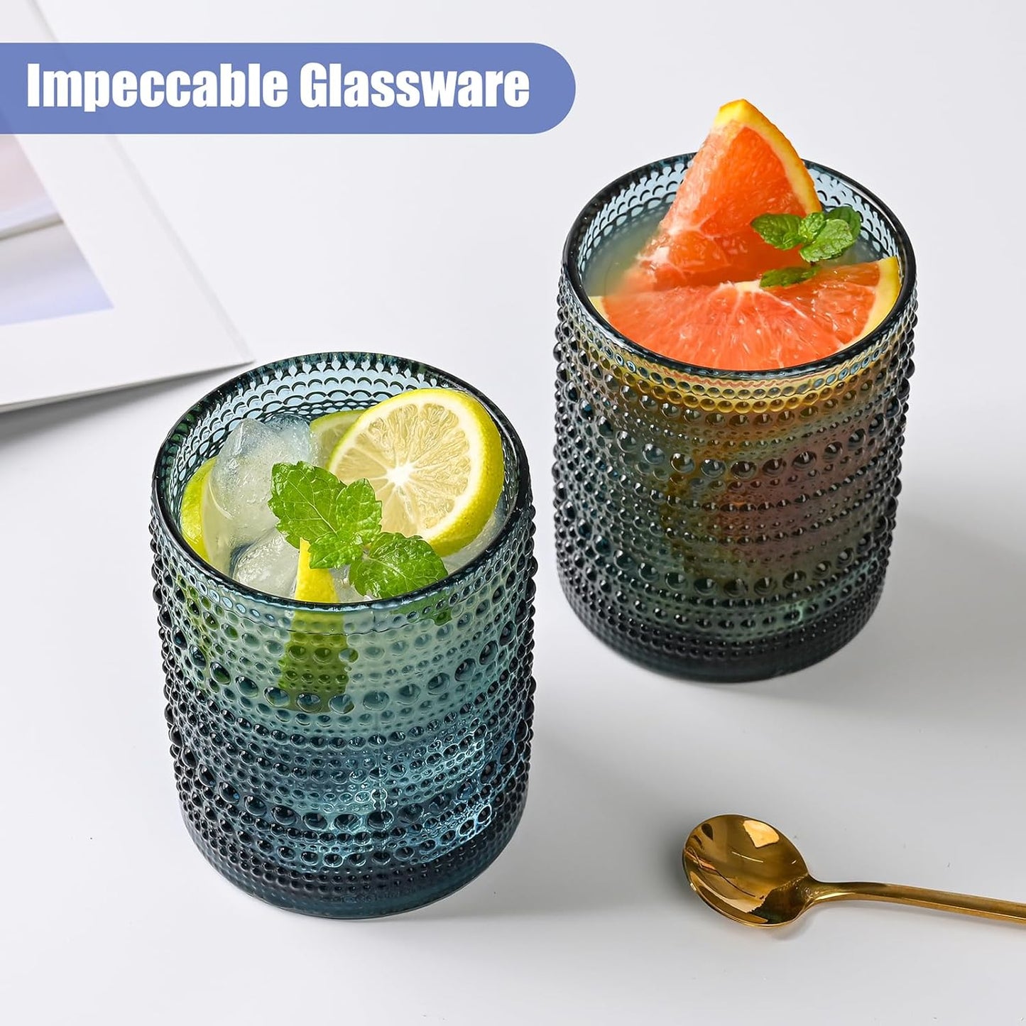 Vintage Glassware Drinking Glasses Set of 6,12 oz Hobnail Glass Cups,Embossed Blue Water Tumbler,for Beer,Cocktail,Whiskey,Juice and Various Mixed Drinks- 1 Cleaning Brush