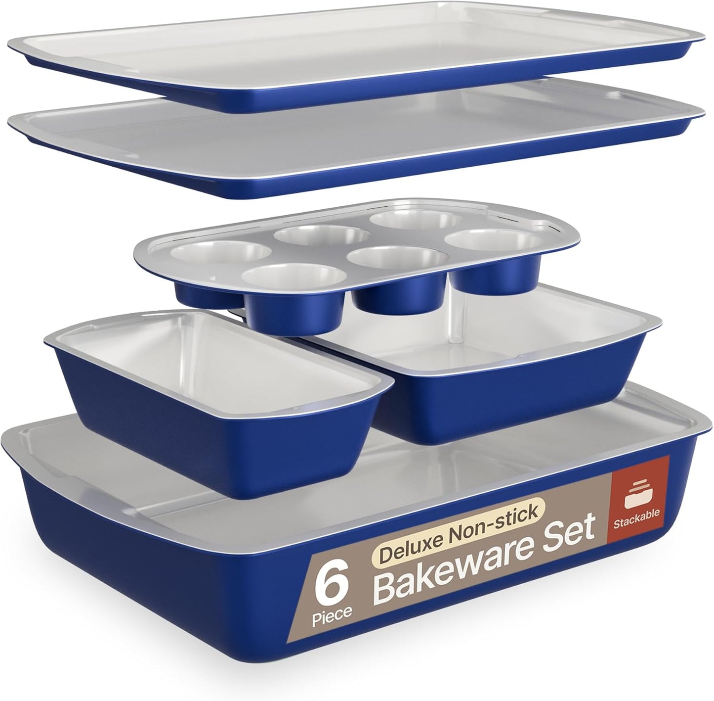 BAKKEN 6-Piece Kitchen Baking Pan Set - Royal Blue Color with Gray Ceramic Nonstick Coating, Commercial Grade Carbon Steel Bakeware, Baking Essentials, PFOA, PFOS, PTFE Free, Oven Safe (Up To 450° F)