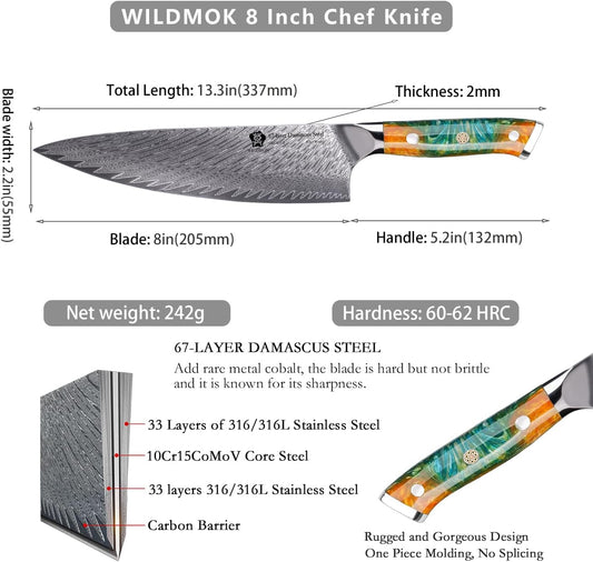 WILDMOK Chef Knife, 8 inch Japanese Damascus Steel Chef Knife, Resin Handle kitchen knives, professional sharp chef's knives for kitchen