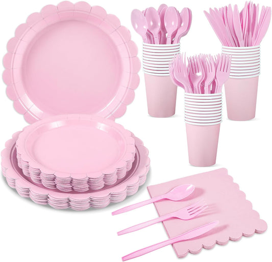 175 Pcs Pink Paper Plates and Napkins, Light Pink Party Supplies Include Scalloped Plate Napkins Cups Plastic Spoons Forks Knives for Baby Shower, Wedding, Birthday