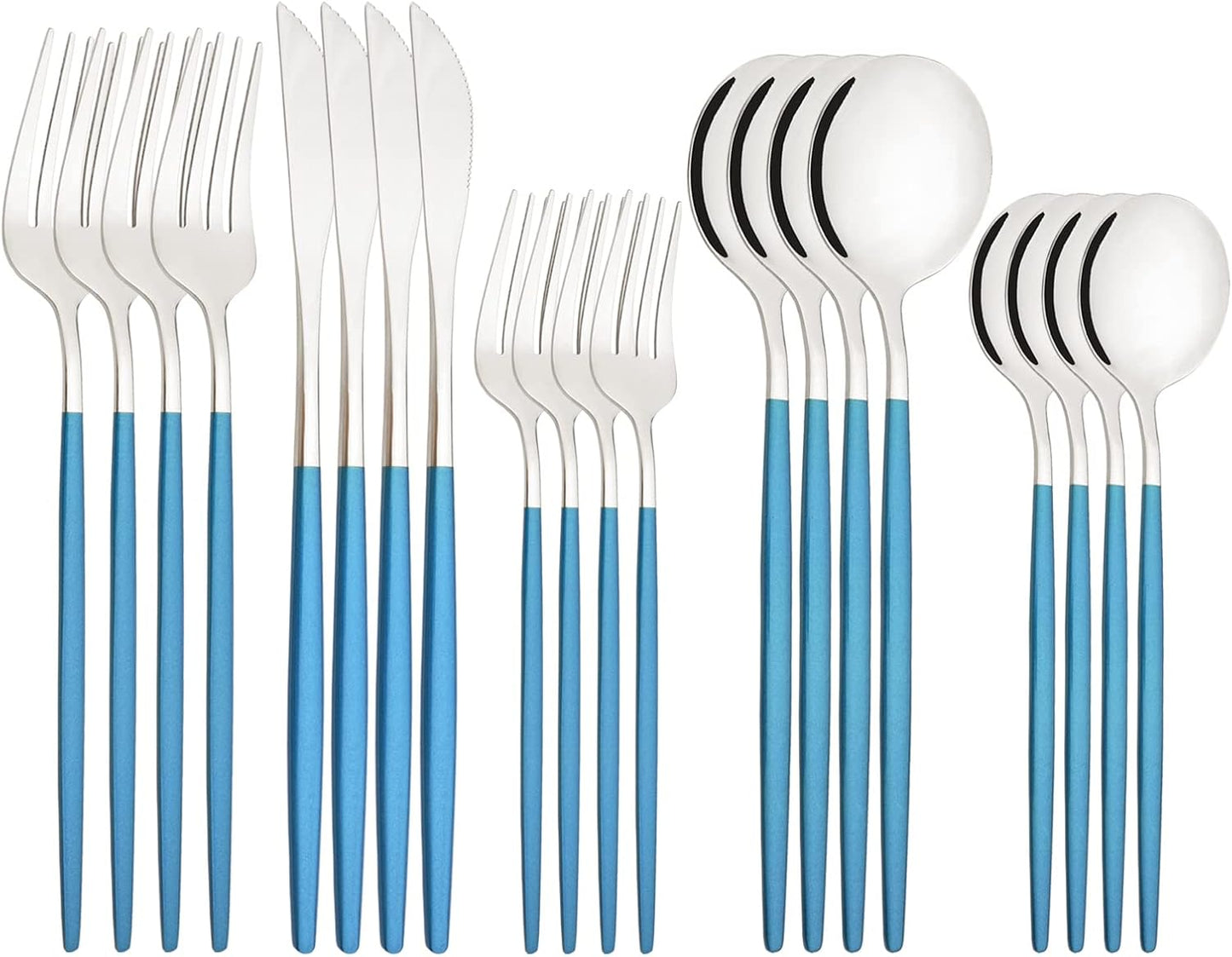 Silverware Set – 20 Piece Family Dinnerware Set – Flatware Set Service For 4 – Blue Silver Tableware Sets – Cutlery Great For Family Gatherings & Daily Use – Spoons, Knives, Forks