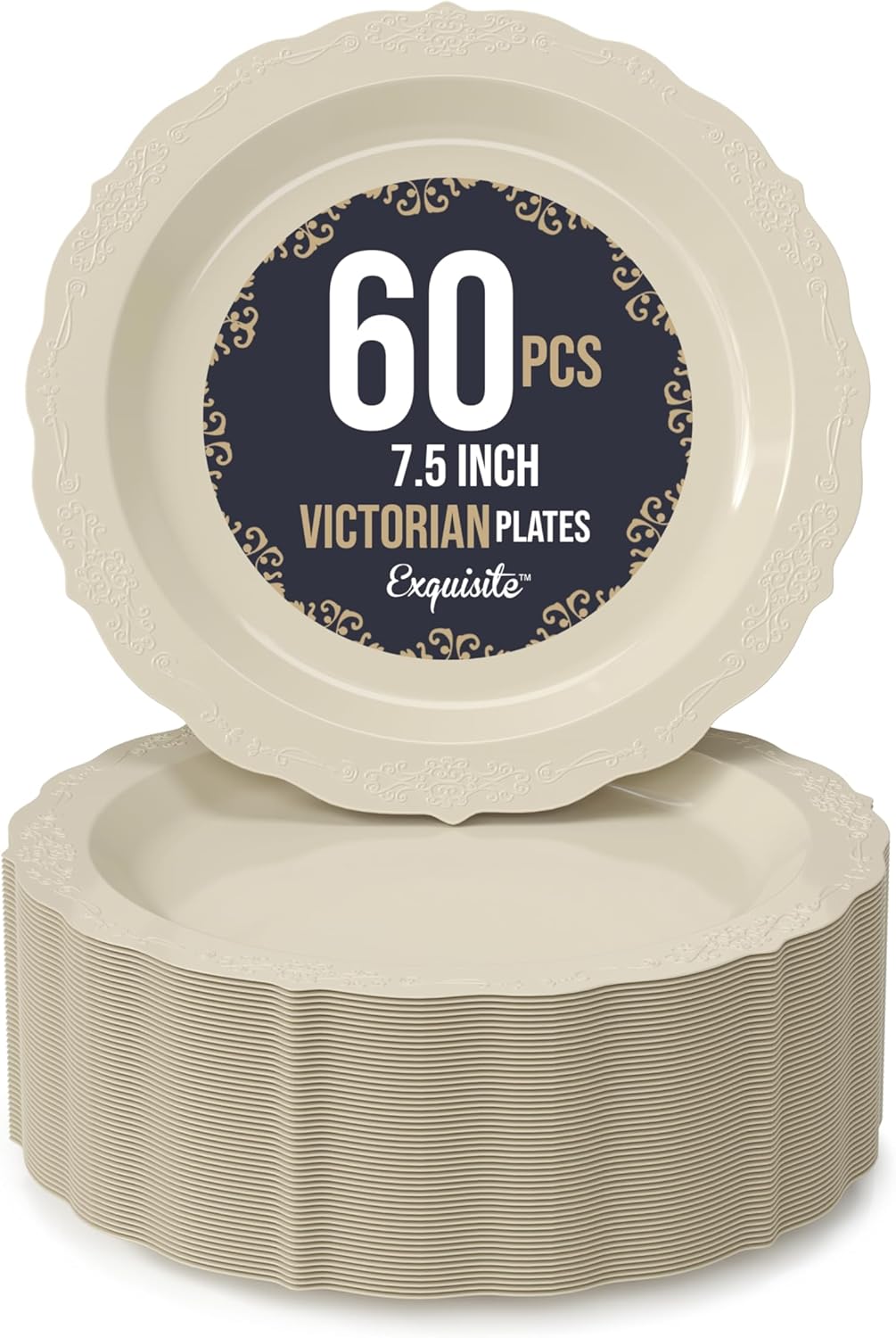 Exquisite Victorian 60-Piece Plastic Disposable Dinnerware Set - 60 x 7.5 inch Cream Plates for Party of 60 Guests