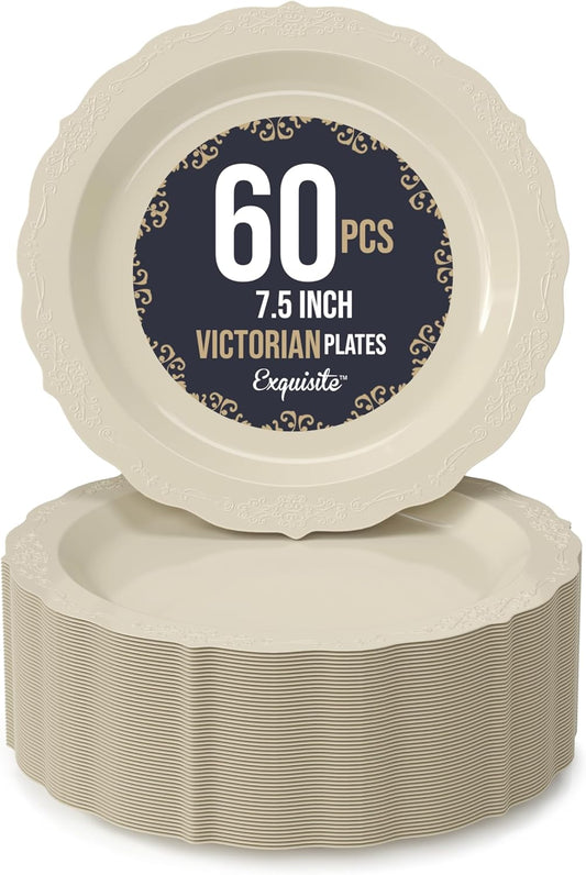 Exquisite Victorian 60-Piece Plastic Disposable Dinnerware Set - 60 x 7.5 inch Cream Plates for Party of 60 Guests