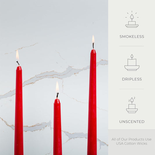 Bask 10-inch Taper Candles - Unscented and Dripless - Burns for 8 Hours - Home Decor for Dinner Table, Kitchen, and Bedroom - Perfect for a Romantic Date or Anniversary - 12-Pack - Red