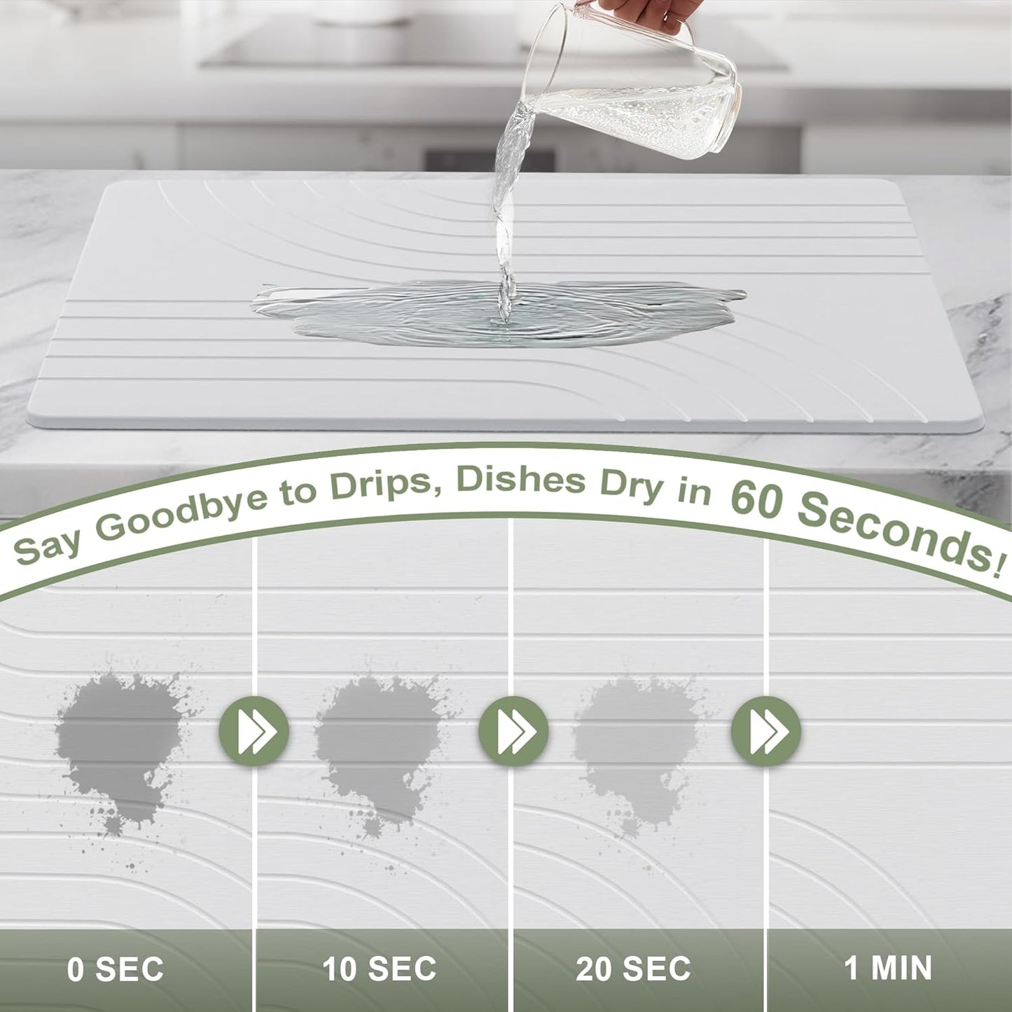 Large Stone Drying Mat for Kitchen Counter, 24" × 16" Diatomite Dish Drying Mat, Quick Dry Stone Mats, Ultra Absorbent Natural Diatomaceous Earth Mats for Dished, Bottles, White