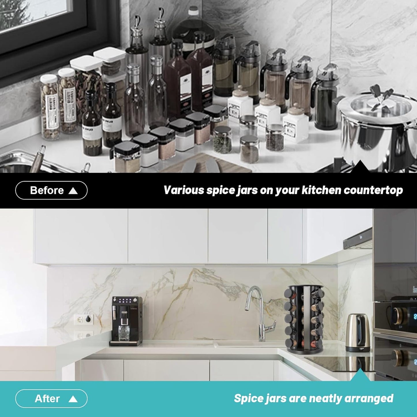 Black Countertop Rotating Spice Rack, Round Empty 20-Jars Revolving Spice Rack Organizer, 135 Spice Labels with Funnel Complete Set, for Kitchen Countertop, Cabinet