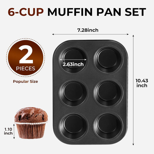 Muffin Pan 2-Pack, 6-Cup Nonstick Cupcake Pan 10.43"x7.28"x1.1" with 2.63" Cups, for Muffins, Cupcakes, Brownies, Cheesecake, Carbon Steel, Easy Clean, Oven Safe