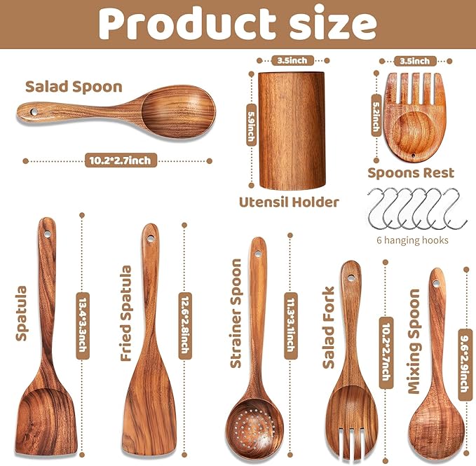 8 PCs Teak Wooden Utensil Set with Hooks, Wooden Spoons for Cooking, Wood Cooking Utensils Set, Comfort Grip, Non Stick Cookware, Easy to Clean, Kitchen Stuff, Wood Spatula