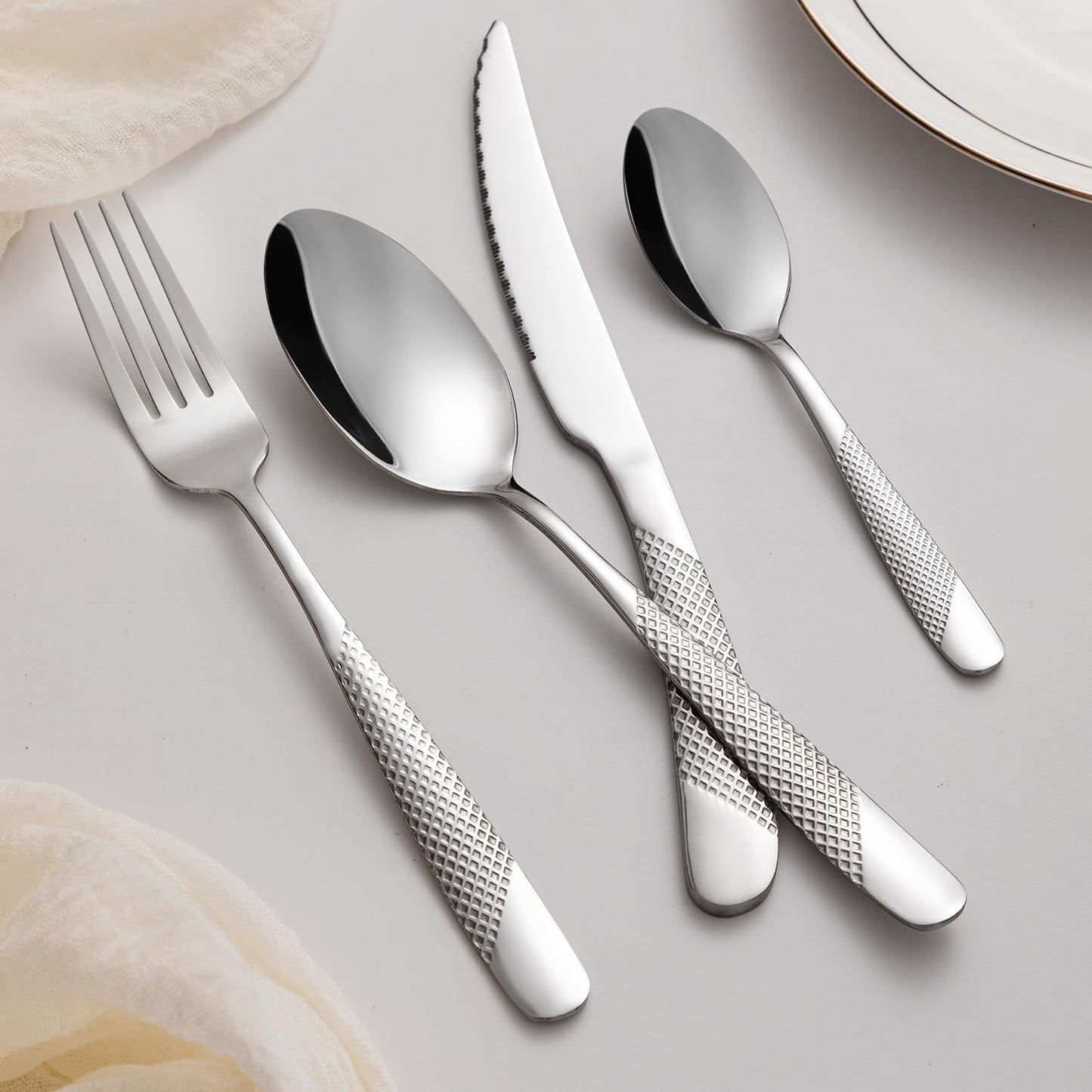 24-Piece Silvery Hammered Silverware Set, Food-Grade Stainless Steel Flatware Service for 6, Modern Cutlery Utensil Set with Forks Knives Spoons, Mirror Polished, Dishwasher Safe for Dining Restaurant