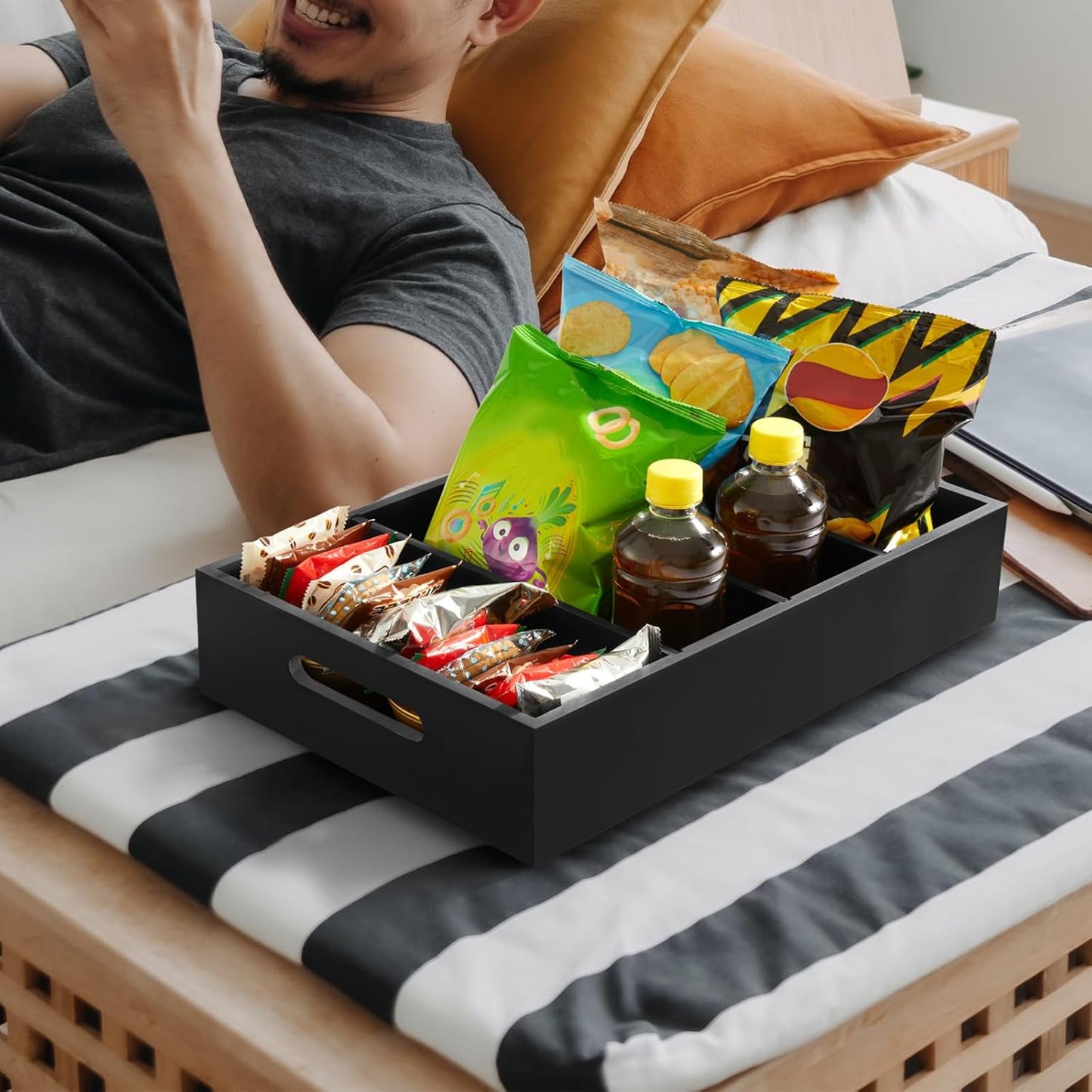 DRASTAR Snack Tray Organizer, Wooden Snack Display for Counter, Snack Bar Station, Chip Organizer for Pantry Shelf, Snack Basket Organizer, Kitchen Office