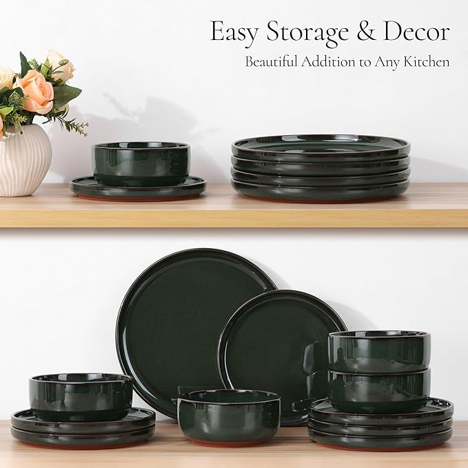 E-far Stoneware Dinnerware Sets for 4, 12 Pieces Reactive Glaze Plates and Bowls Sets, Elegant Dishes with Rustic Terracotta Base, Dishwasher & Microwave Safe, Scratch Resistant, Blackish Green