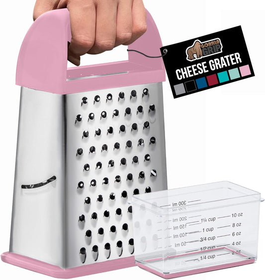 GORILLA GRIP 4-Sided 100% BPA-Free Cheese Grater With Container, Stainless Steel XL Box Graters, Parmesan Shredder, Grate Cheeses, Shred Veggies, Slip Resistant Handle, Dishwasher Safe Zester, Pink