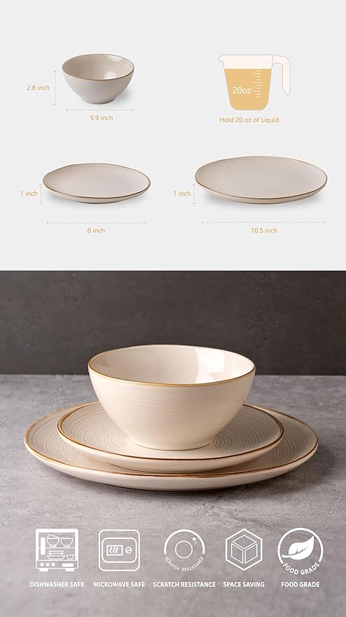 famiware Plates and Bowls Sets for 4, 12 Pieces Stoneware Dinnerware Sets, Dishes Set, Reactive Glaze Dishware Sets, Dishwasher & Microwave Safe, Tempus Series - Antique White