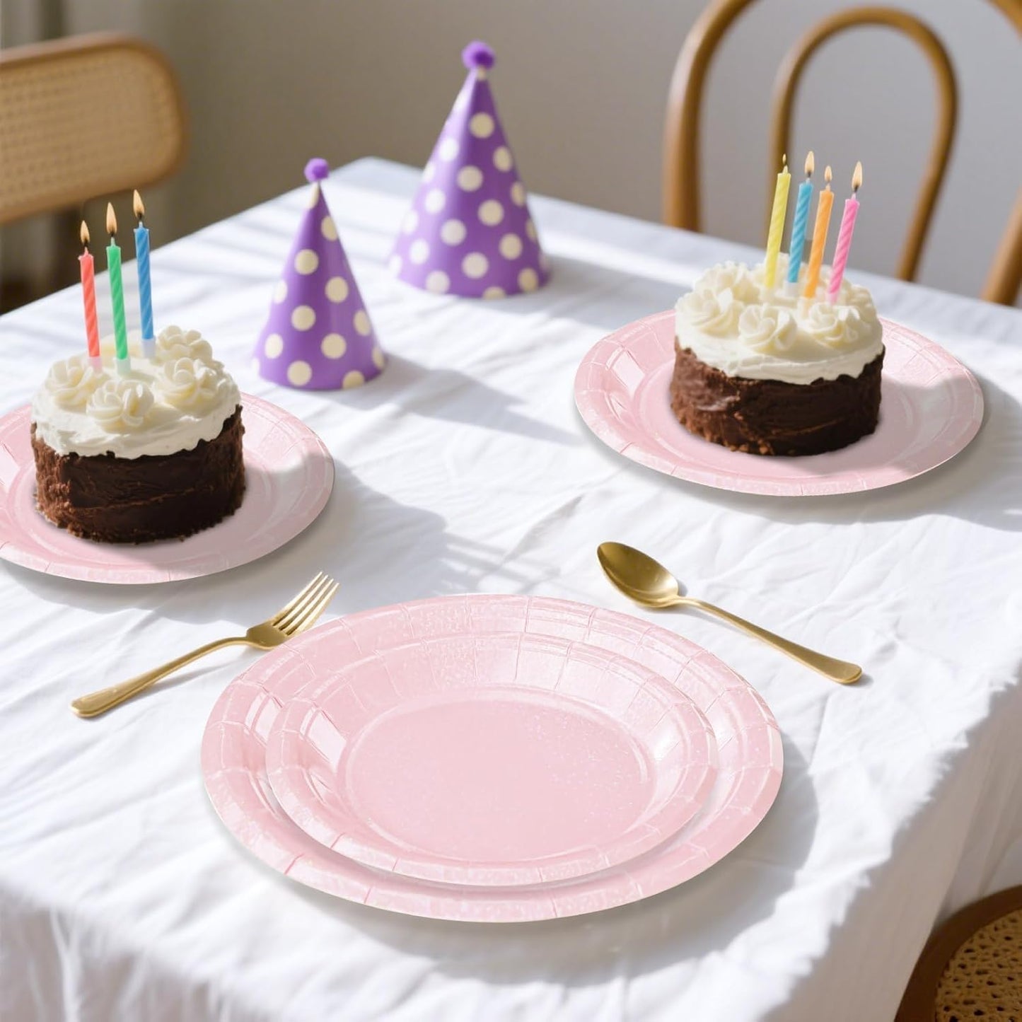 50 Pcs Iridescent Light Pink Paper Plates 25 × 7'' and 25 × 9'' Disposable Pink Shiny Holographic Foil Dinner Plates for Wedding Baby Shower Birthday Disco Party Glitter Dessert Plate