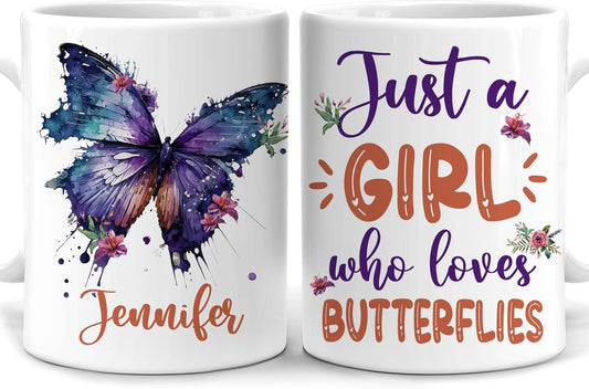 Hyturtle Personalized Gifts Butterfly Lover - Just A Girl Who Loves Butterflies Custom Name Ceramic Coffee Mug Cup 11oz - Idea Cute Animal Lover Gifts For Women, Girl Daughter On Birthday, Christmas