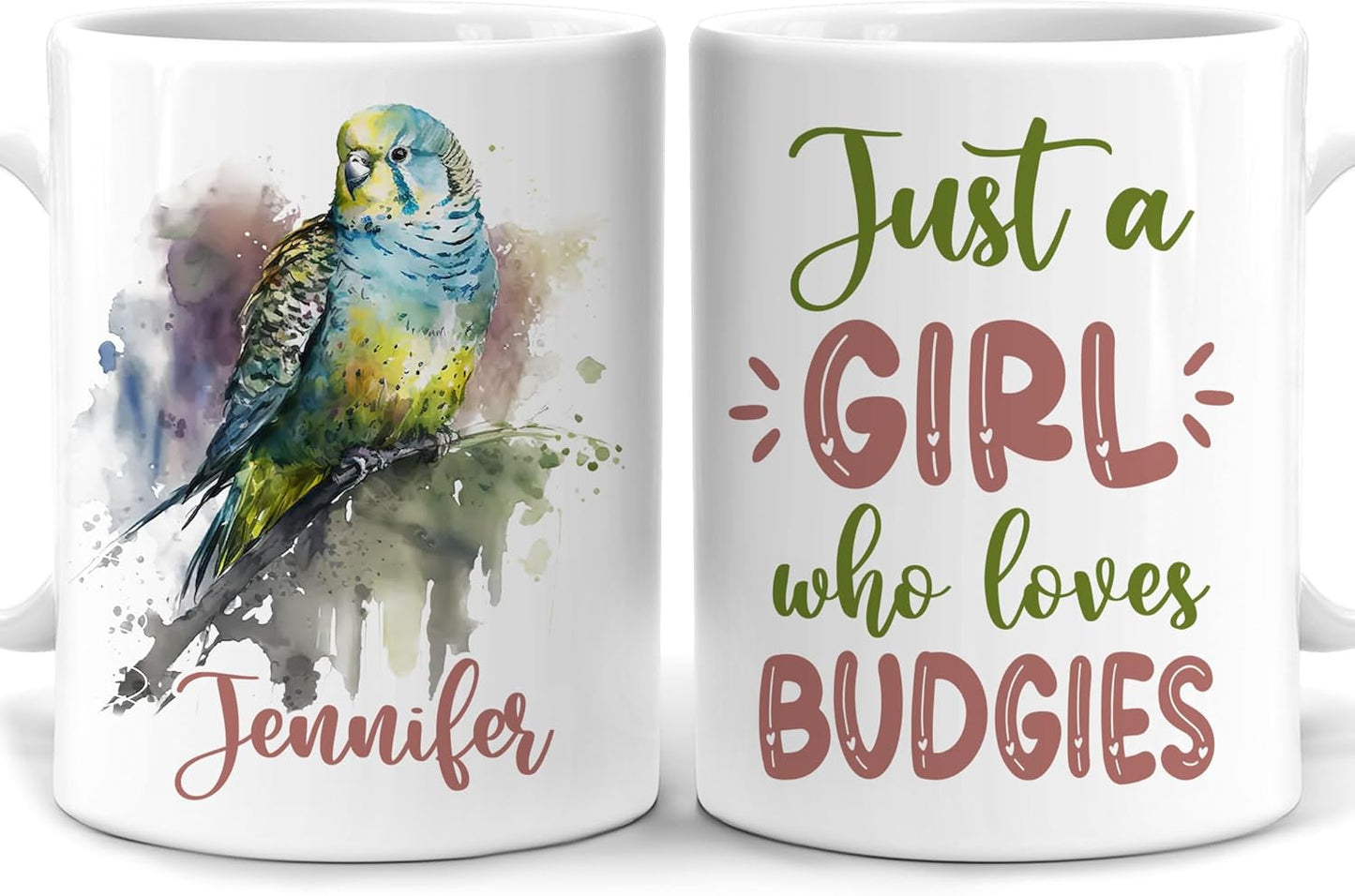 Hyturtle Personalized Gifts Budgie Lover - Just A Girl Who Loves Budgies Custom Name Ceramic Coffee Mug Cup 11oz - Idea Cute Animal Lover Gifts For Women, Girl Daughter On Birthday, Christmas